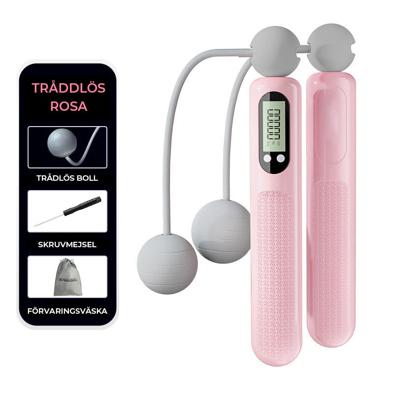 "Sladdlöst digitalt hopprep med avancerad LCD-skärm, trendiga färger rosa och blå, perfekt för smidig träning."