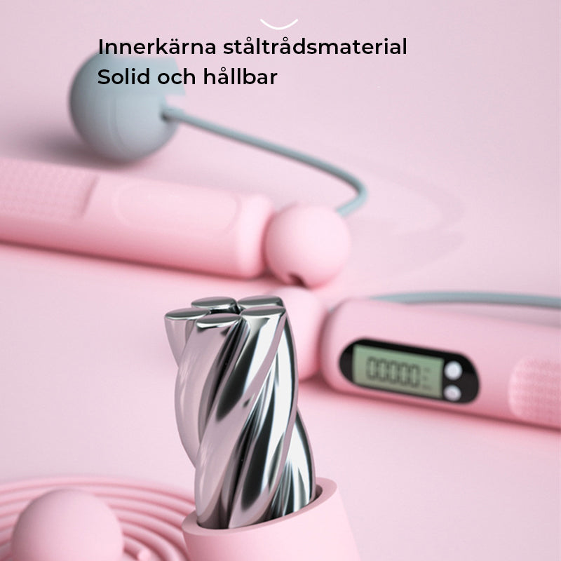 "Sladdlöst digitalt hopprep med avancerad LCD-skärm, trendiga färger rosa och blå, perfekt för smidig träning."