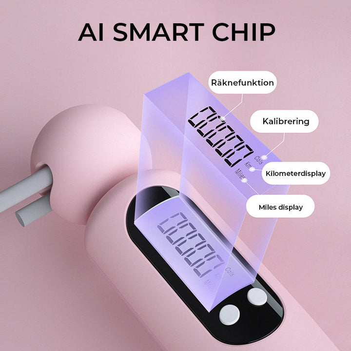 "Sladdlöst digitalt hopprep med avancerad LCD-skärm, trendiga färger rosa och blå, perfekt för smidig träning."