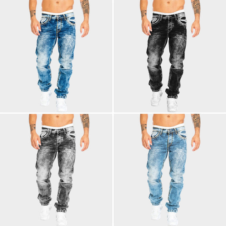 Vardagsjeans för herr, slim fit denimjeans i urban stil med bekväm passform och fickor.