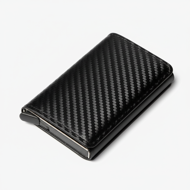 Kompakt aluminium korthållare, rymmer flera kort säkert, med smart CardSafe-funktion.