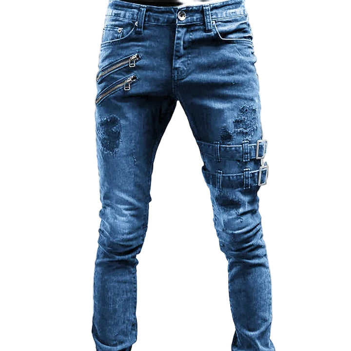 Slimfit herrjeans med ribbade detaljer i knän, modern stil, svarta, mångsidiga denimbyxor