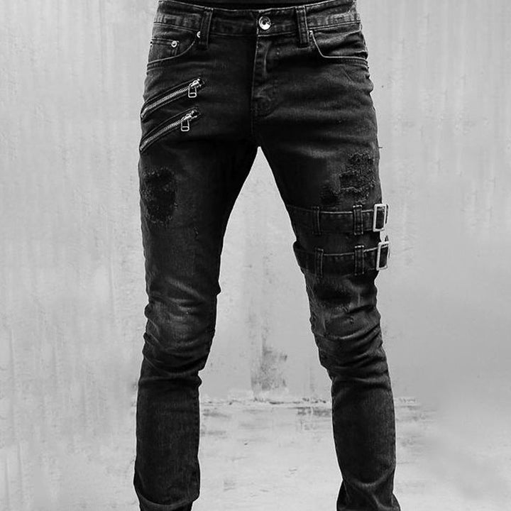 Blå slimfit herrjeans, med ribbade partier, perfekt för vardagsbruk, modern passform denim