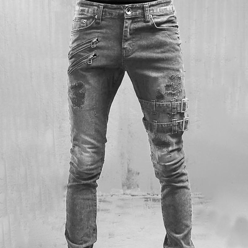 Grå herr slim jeans med stilfulla ribbade detaljer, bekväma vardagsjeans för män