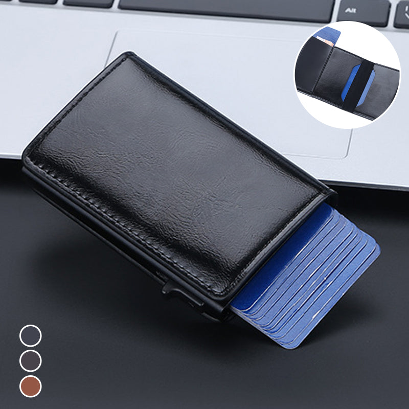 "Slimmad RFID-plånbok i aluminium för män, svart, minimalistisk design med kortplatser och ID-fönster, säker och stilren."
