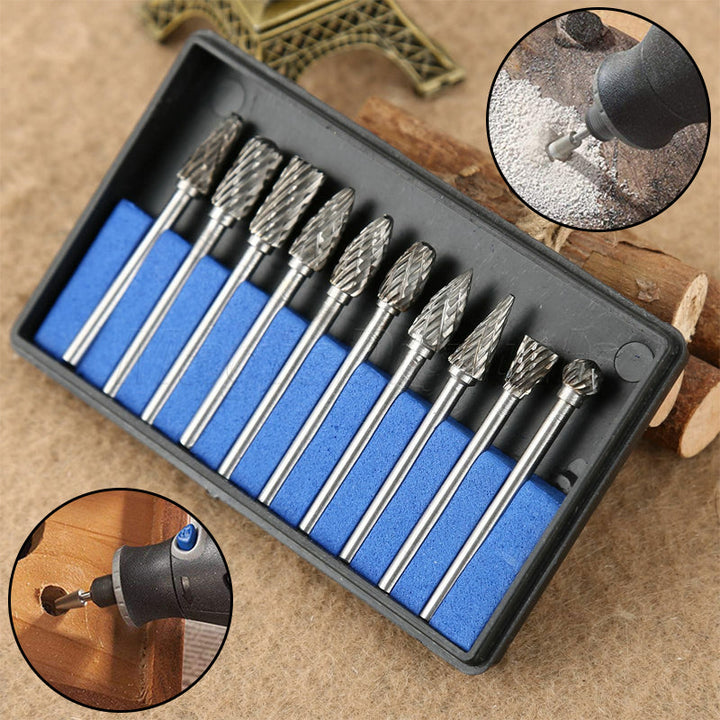 "Slipstiftsats i volframstål för verktyg, 10 unika former, precisionsbearbetning av metall och icke-metall, robust design"