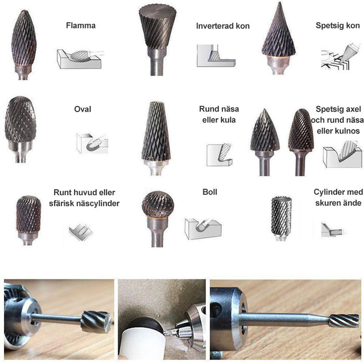 "Slipstiftsats i volframstål för verktyg, 10 unika former, precisionsbearbetning av metall och icke-metall, robust design"