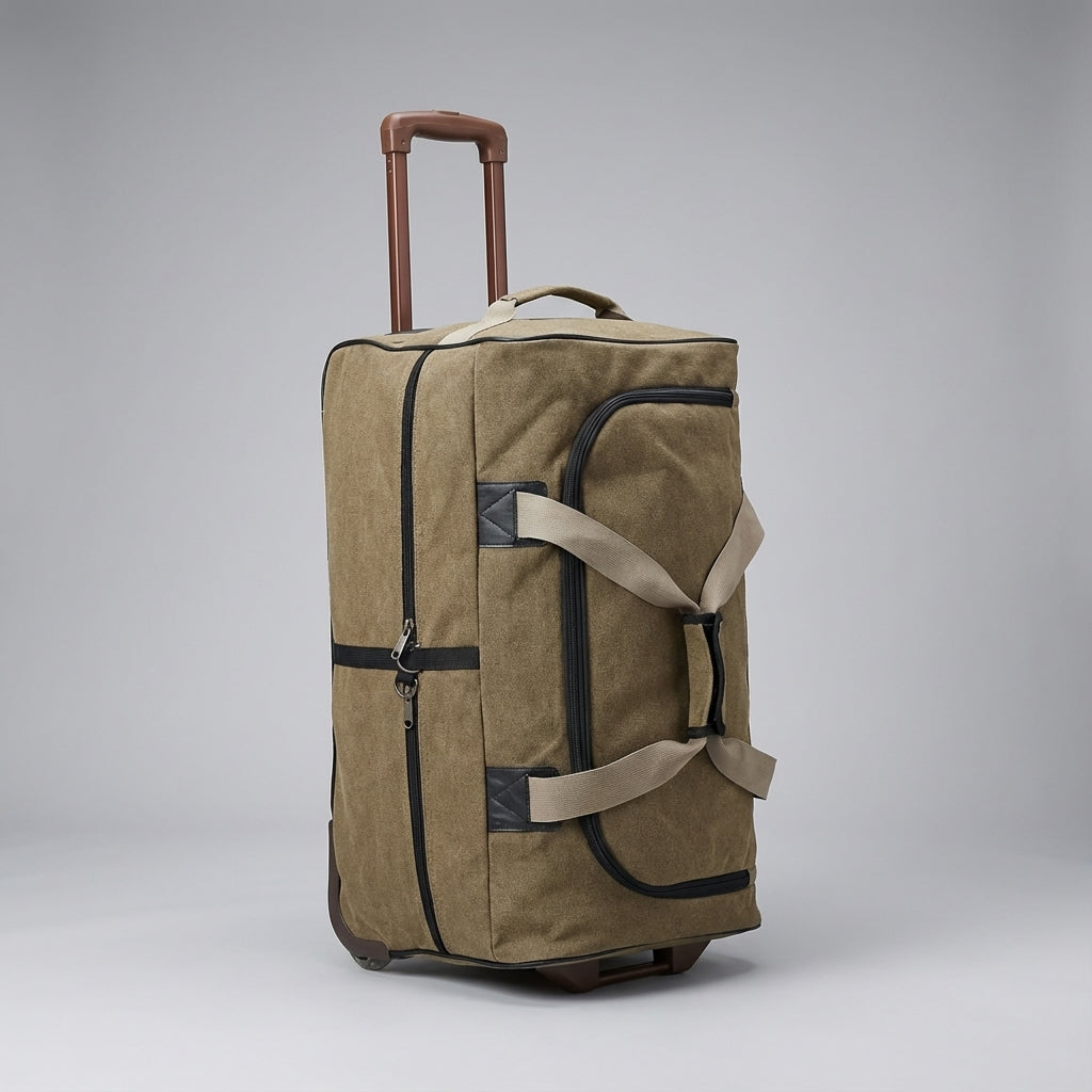 Rymlig canvas rullväska med tåliga hjul, designad för bekväm resa och säker transport av ditt bagage.