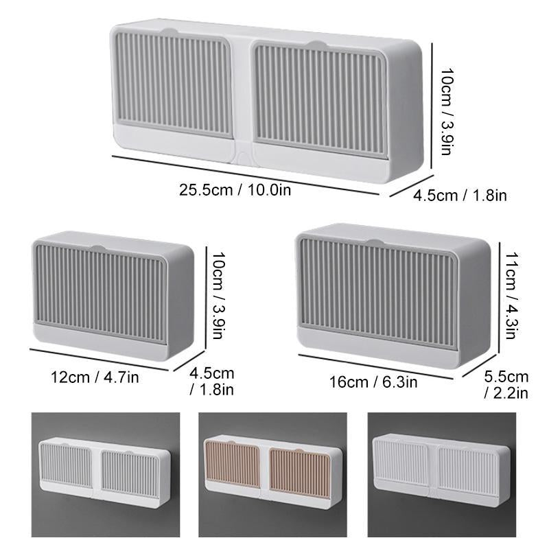 "Slitstark tvålhållare i plast med lock, elegant design fångad på bild, flera färger: grå, vit, brun, storlek 12x4.5x10cm"