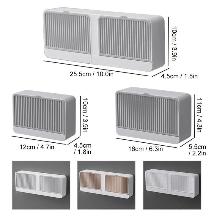"Slitstark tvålhållare i plast med lock, elegant design fångad på bild, flera färger: grå, vit, brun, storlek 12x4.5x10cm"