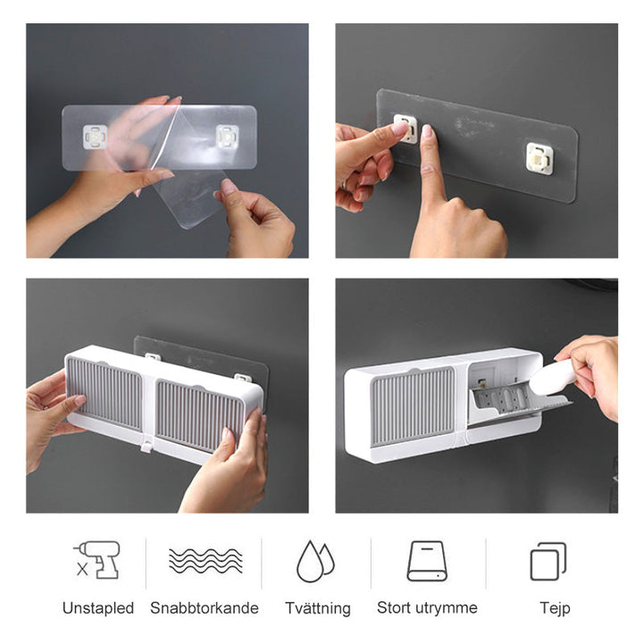 "Slitstark tvålhållare i plast med lock, elegant design fångad på bild, flera färger: grå, vit, brun, storlek 12x4.5x10cm"