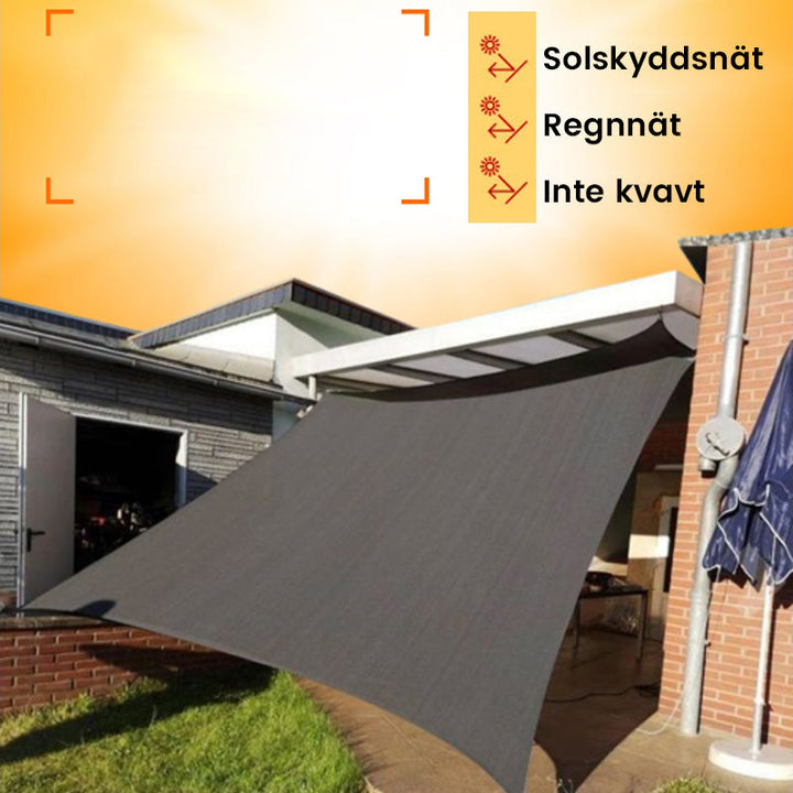"Slitstarkt skuggnät för trädgården med förstärkta hörn, ventilerad design och UV-skydd för effektiv värmeavledning."