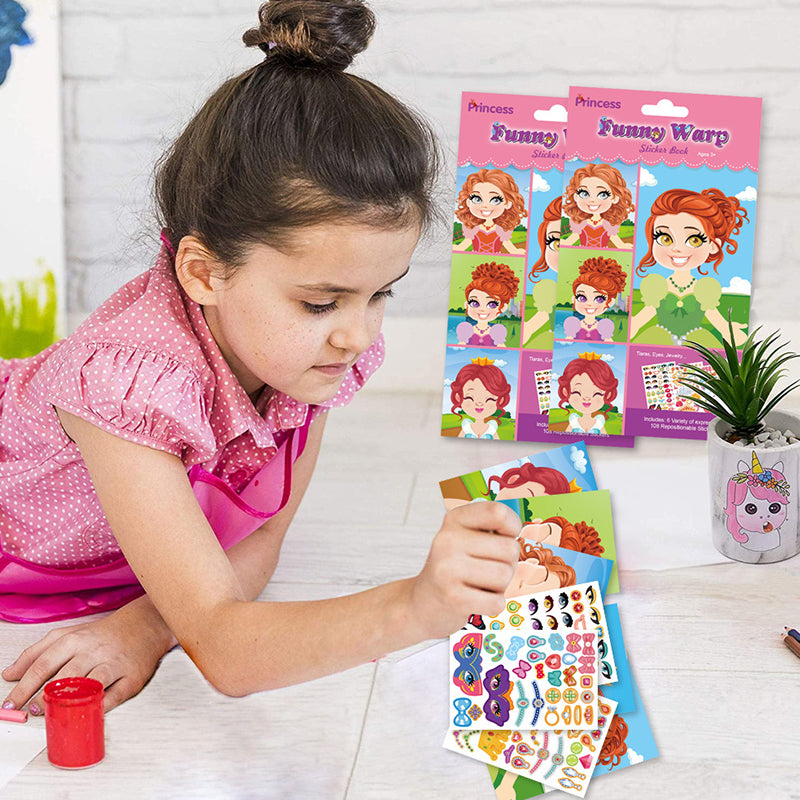 "Småbarns klistermärkesbok med djur, dinosaurier och prinsessor, färgglada sidor för kreativ lek med barnen."