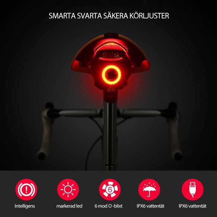 "Smart cykel bakljus med USB-laddning och bromsljus, kompakt design, aluminium, LED, säkerhet för cykling i mörker."