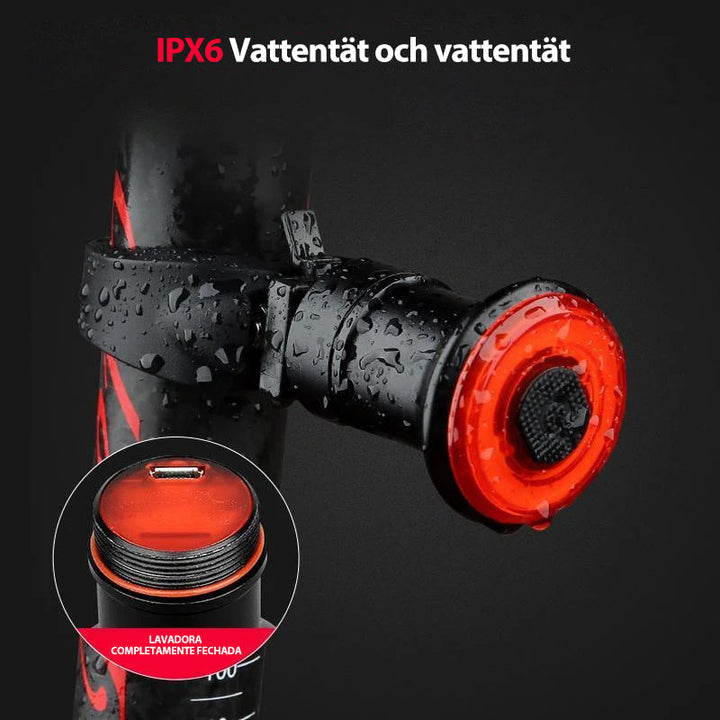 "Smart cykel bakljus med USB-laddning och bromsljus, kompakt design, aluminium, LED, säkerhet för cykling i mörker."