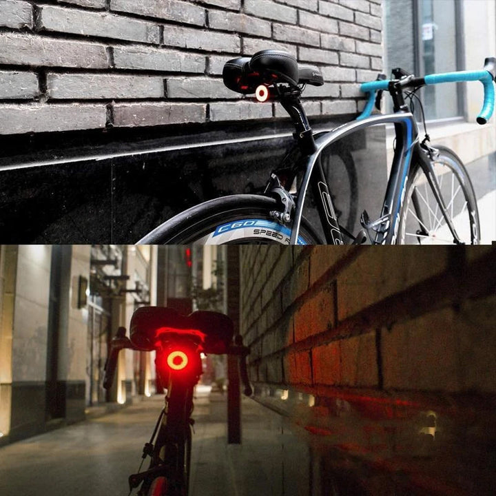 "Smart cykel bakljus med USB-laddning och bromsljus, kompakt design, aluminium, LED, säkerhet för cykling i mörker."