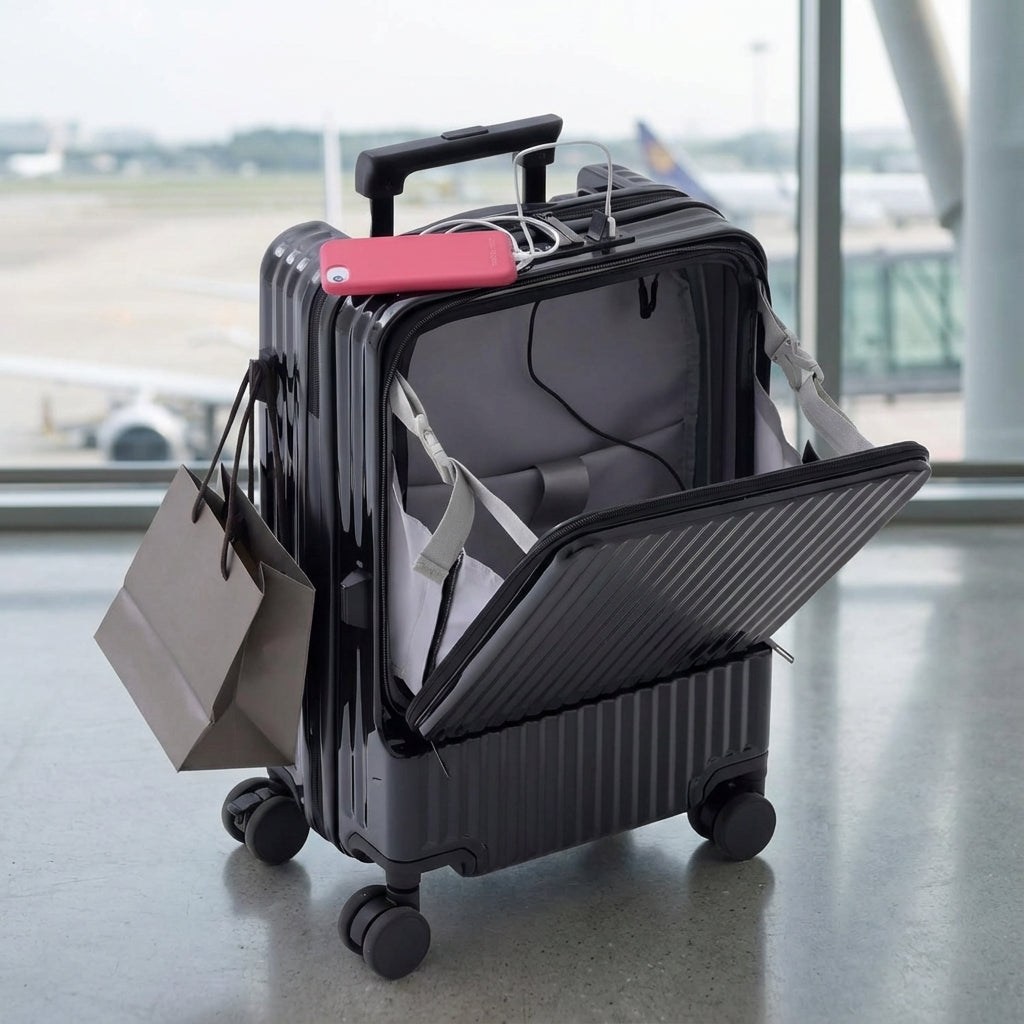 Smart kabinresväska med frontöppning, USB-laddning och dryckeshållare. Perfekt handbagage för enkel åtkomst.