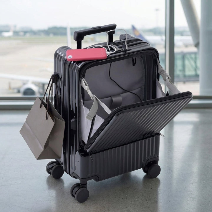 Smart kabinresväska med frontöppning, USB-laddning och dryckeshållare. Perfekt handbagage för enkel åtkomst.