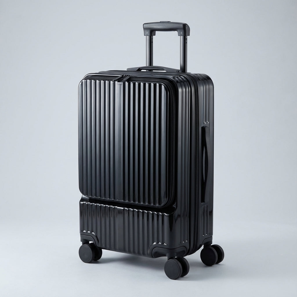 Kabinresväska med innovativ frontöppning, CarryNex. Smart design för smidig åtkomst av reseaccessoarer under flyg.