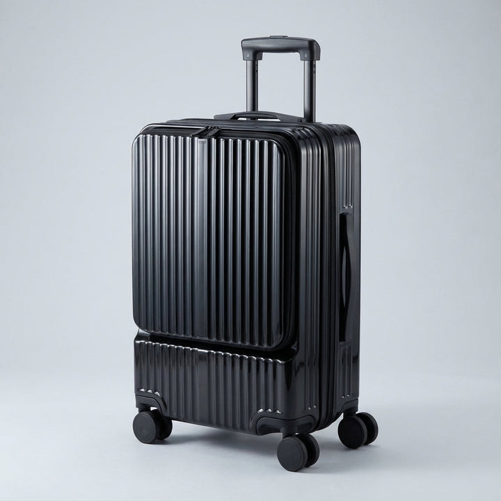 Kabinresväska med innovativ frontöppning, CarryNex. Smart design för smidig åtkomst av reseaccessoarer under flyg.