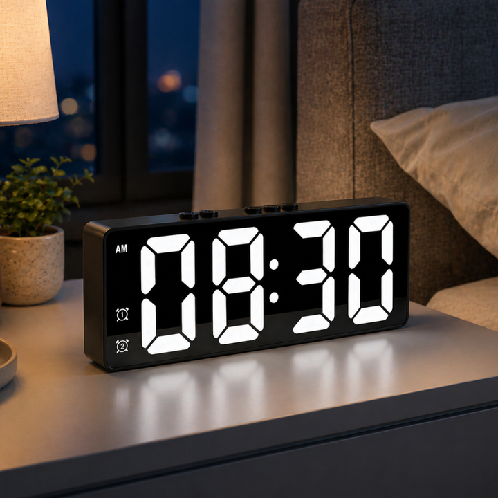 Smart LED väckarklocka med digital display & röststyrning, perfekt för ett modernt sovrum.