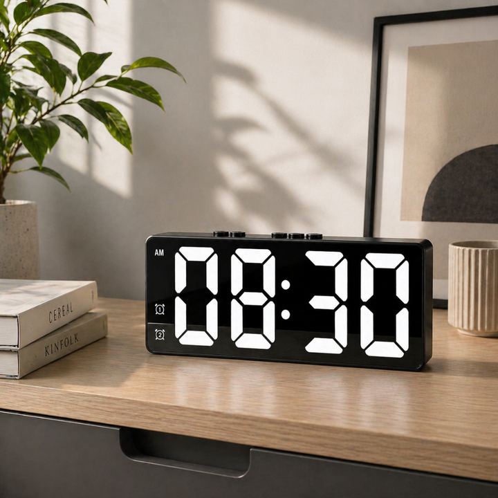 Stilren digital LED-klocka med modern design. Idealisk inredningsdetalj för sovrum eller hemmakontor.