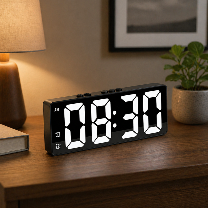Smart digital väckarklocka med röststyrning. Modern LED-klocka för ett smart hem, energisnål och stilren.