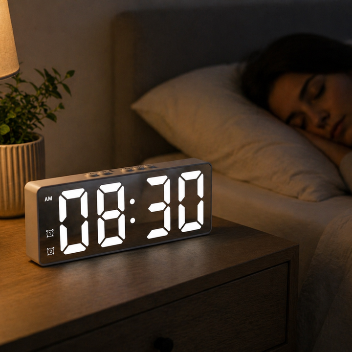 Elegant LED väckarklocka för sovrummet. Digital display och röststyrning i stilren design för smarta hem.