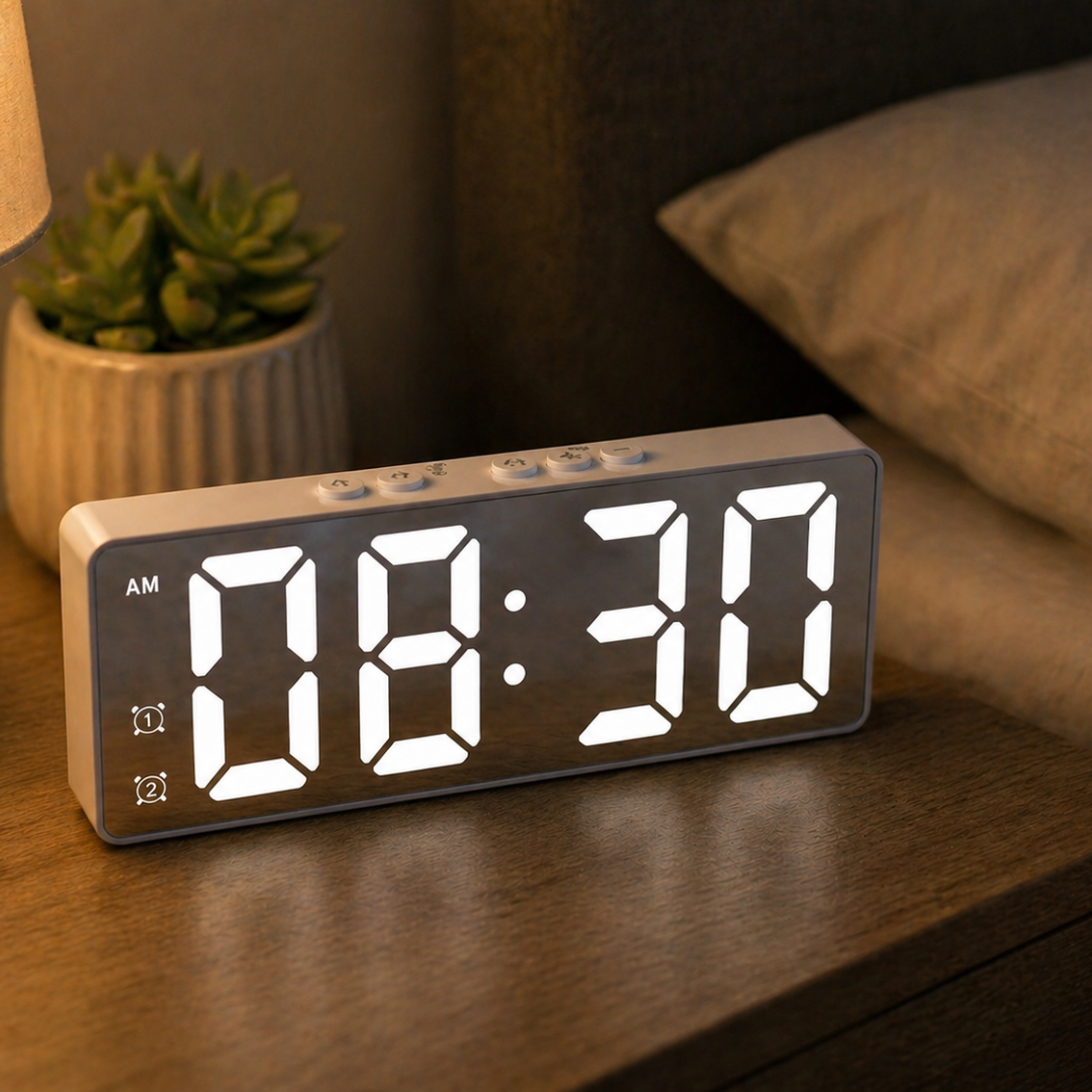Modern digital väckarklocka med LED-display & smart röststyrning. Passar perfekt i sovrum och hemmakontor.