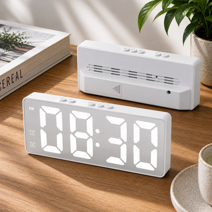 Energisnål LED väckarklocka. Digital klocka med röststyrning och modern design för sovrum & kontor.