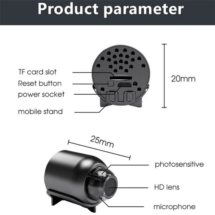 Kristallklar 1080P bild från denna vattentäta mini WiFi kamera med 160° nattseende för hemsäkerhet.
