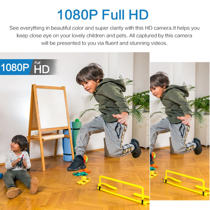 Smart 1080P WiFi kamera, vattentät med 160° nattseende, optimal för modern hemsäkerhet.