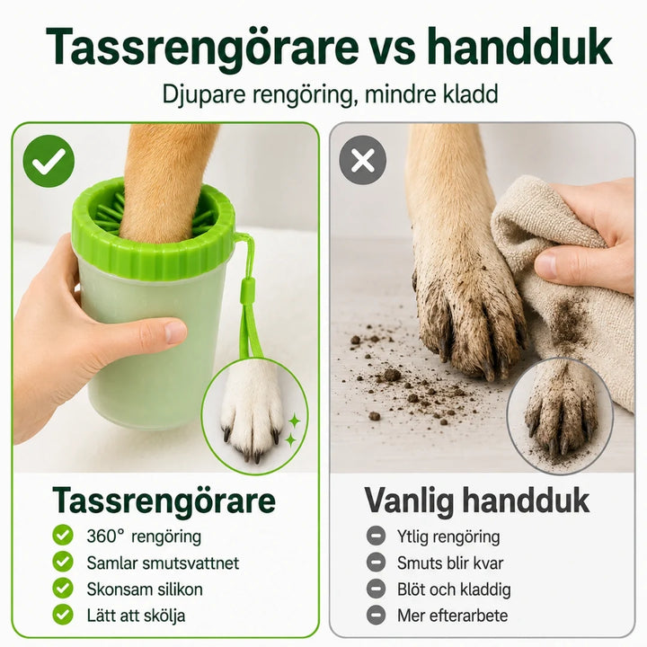 Katttass rengörs varsamt med innovativ tassrengörare. Idealiskt djurtillbehör för tassvård.