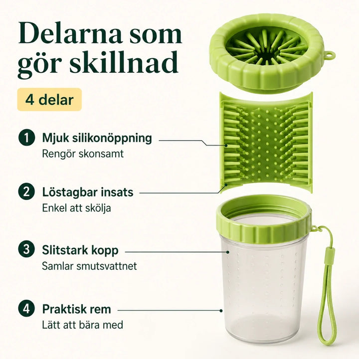 Hand håller kompakt tassrengörare för hund och katt. Lättanvänd tassvård, perfekt för promenad.