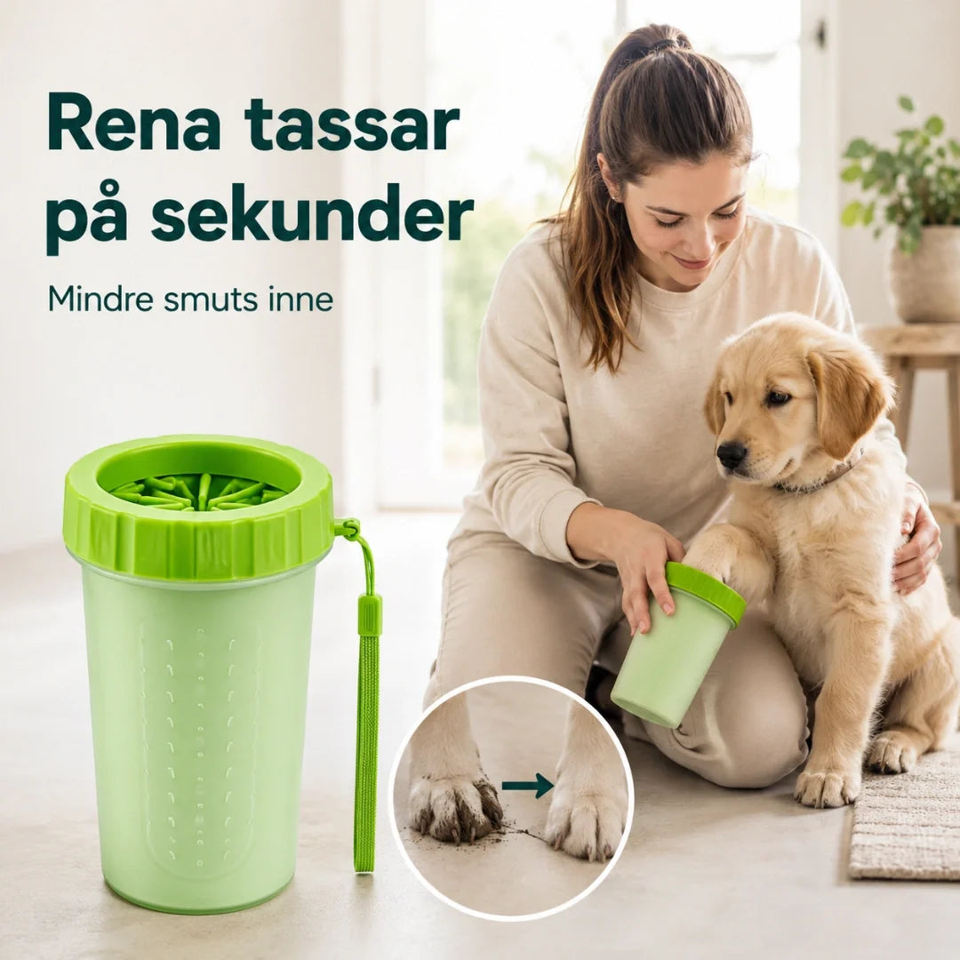 Portabel tassrengörare med silikonborstar. Optimal för hund och katt, enkel att ta med på resa.