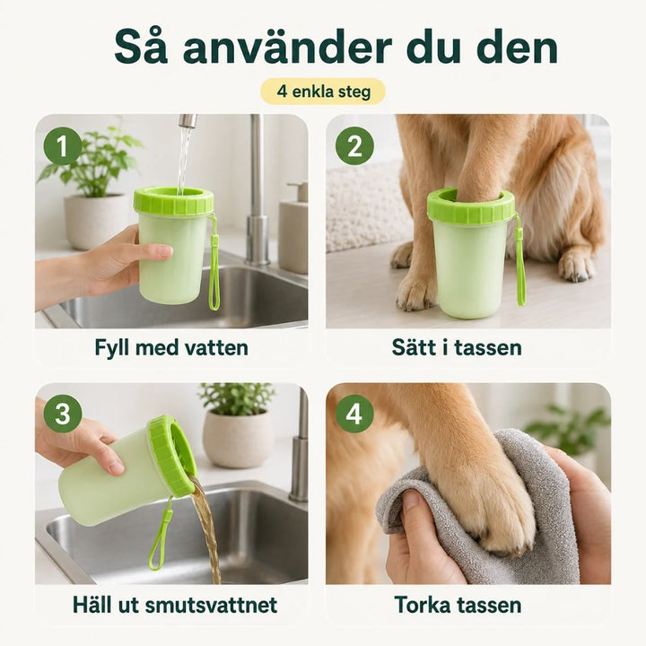 Tassrengörare redo efter promenad. Essentiellt djurtillbehör för att skydda golv från smutsiga tassar.