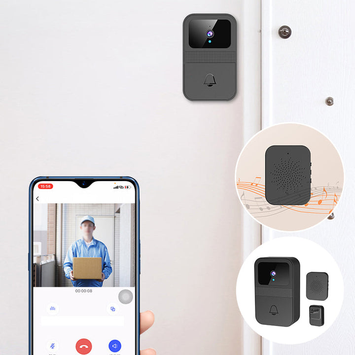 "Smart videodörrklocka med modern design, nattseende och tvåvägs audio för smart övervakning och säkerhet."