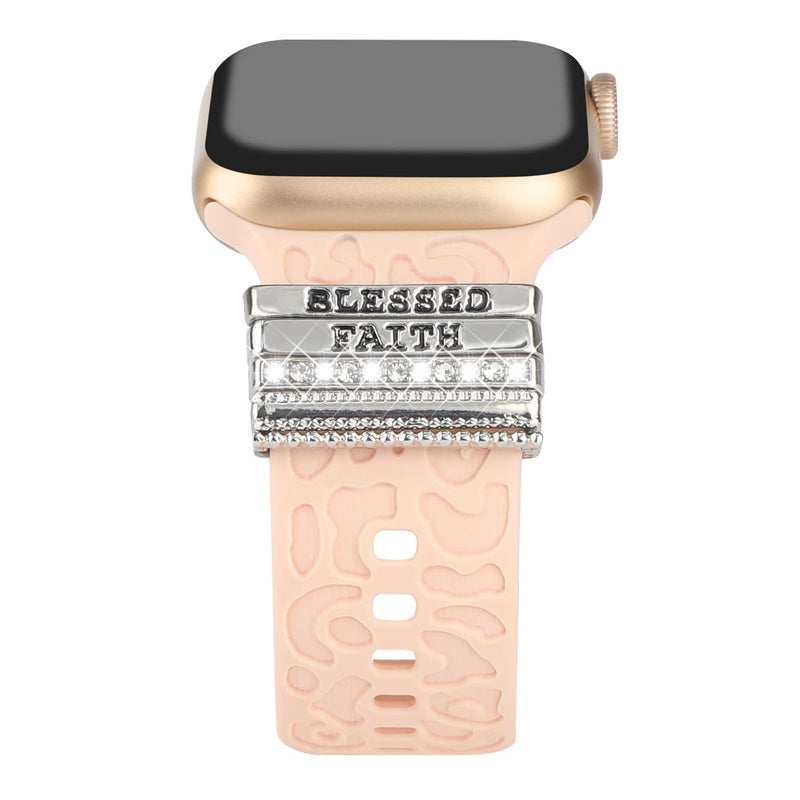 "Smartklockband med dekorativa metallringar i gyllene leopardmönster och roséguldstjärnor, elegant stilaccessoar."