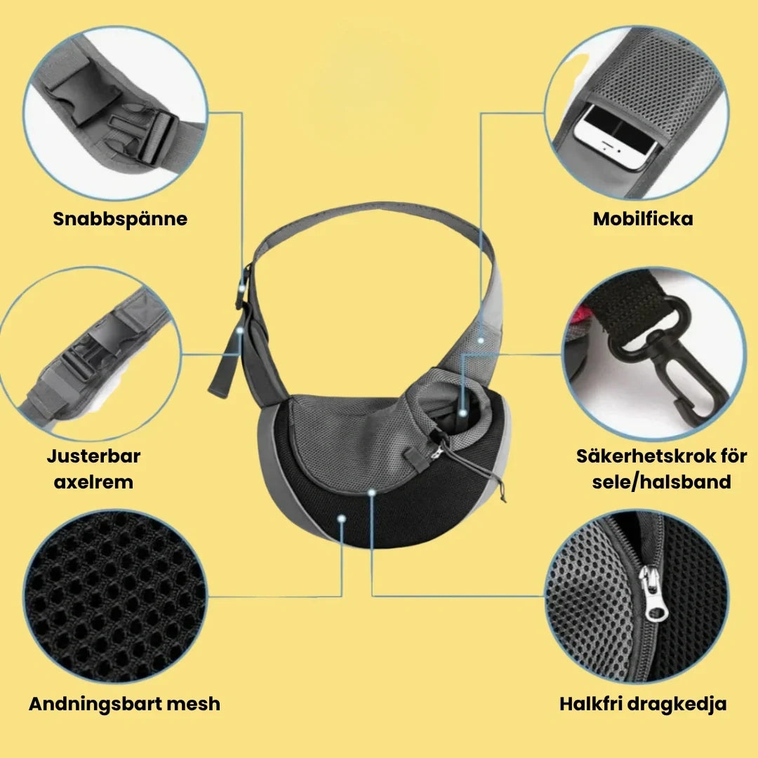 Svart, justerbar slingväska. Praktisk bärsele för din lilla hund eller katt, handsfree-design.