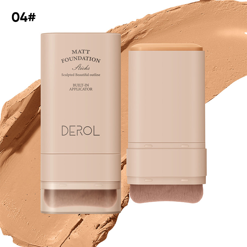 "Sminkstick med inbyggd borste, beige nyans, för enhetlig täckning och naturlig finish, kompakt och resvänlig."
