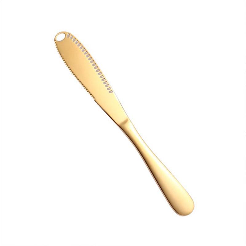 Smörkniv i rostfritt stål med ergonomisk design och 1-tums blad, finns i gyllene och silver. Perfekt för enkel smörspridning.