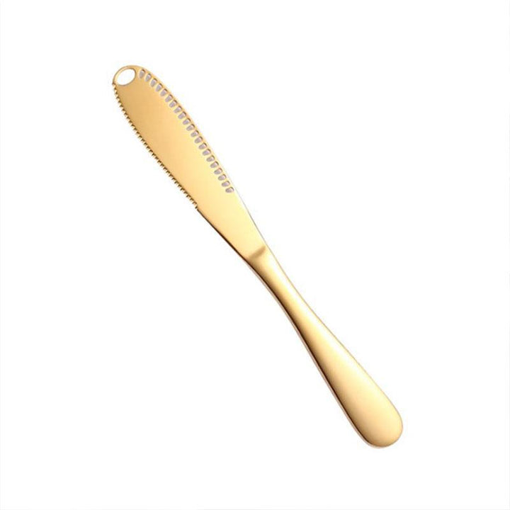Smörkniv i rostfritt stål med ergonomisk design och 1-tums blad, finns i gyllene och silver. Perfekt för enkel smörspridning.