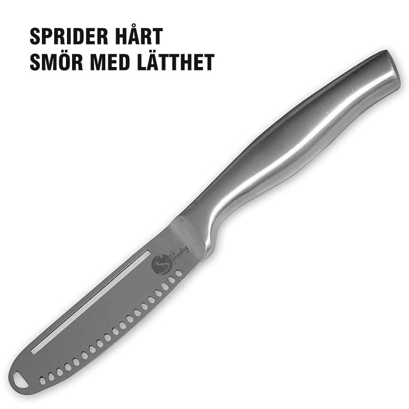 Smörkniv i rostfritt stål med ergonomisk design och 1-tums blad, finns i gyllene och silver. Perfekt för enkel smörspridning.