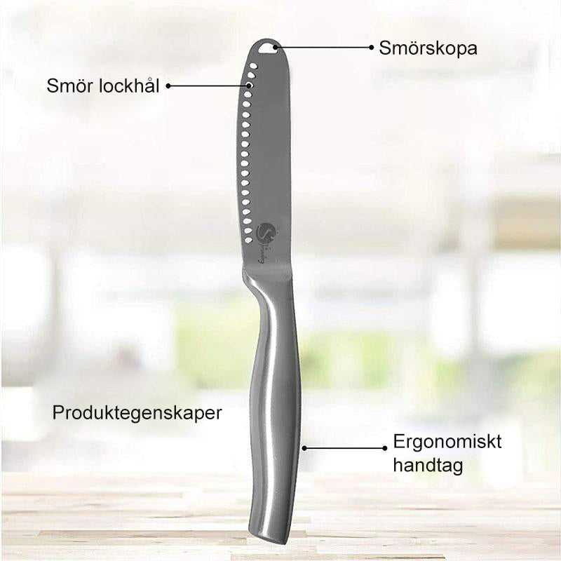 Smörkniv i rostfritt stål med ergonomisk design och 1-tums blad, finns i gyllene och silver. Perfekt för enkel smörspridning.