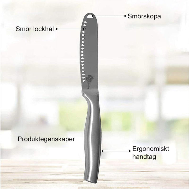 Smörkniv i rostfritt stål med ergonomisk design och 1-tums blad, finns i gyllene och silver. Perfekt för enkel smörspridning.