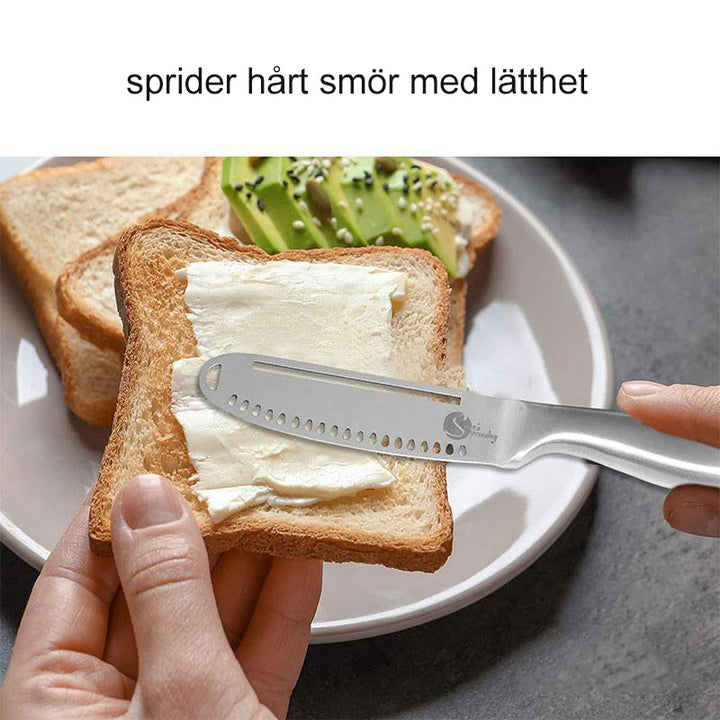 Smörkniv i rostfritt stål med ergonomisk design och 1-tums blad, finns i gyllene och silver. Perfekt för enkel smörspridning.