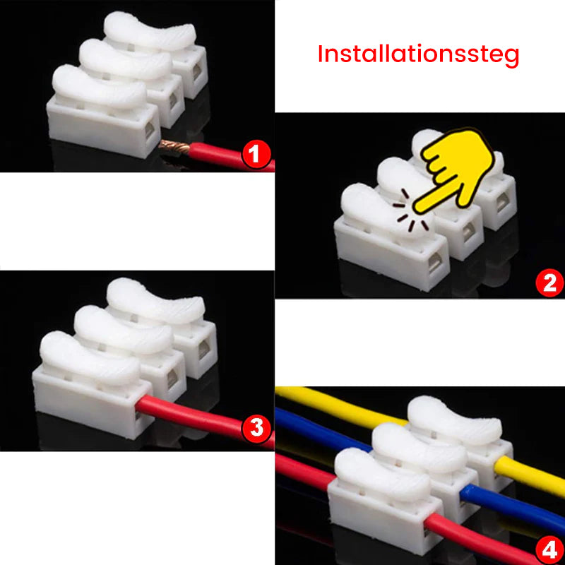 "Snabbkopplingskabelklämma i robust fjäderstål för säker och snabb installation i hushållsinstallationer."