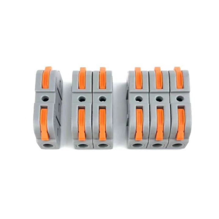 "Snabbkopplingsterminal med flamskydd, verktygslös och kompakt design i grå och transparenta nyanser, 3,9x0,8x1,8 cm."