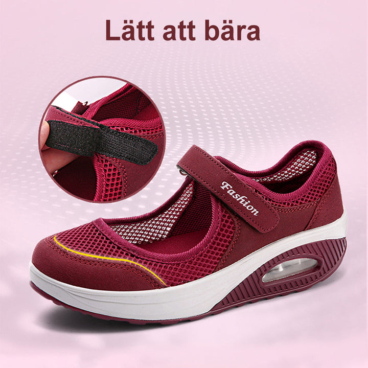 "Snabbtorkande dam promenadskor i andas mesh, grå nyans med justerbara remmar för bekväm och säker gång."