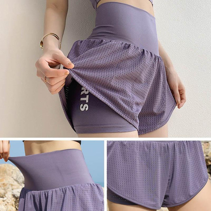 "Snabbtorkande damshorts med hög midja och fickdesign, elastiskt tyg i polyester och spandex för aktivt sportande."